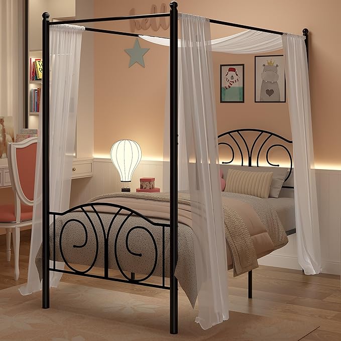 VECELO Metal Canopy Bed Frame Twin Size, 4 Posters Platform Mattress Foundation with Headboard, Heavy Duty Steel Slats Support, No Box Spring Needed, Matte Black