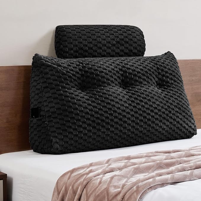 Wedge Headboard Pillow - Bed Wedge Pillow for Headboard Triangular Headboard Pillows with Neck Roll Pillow-Large Bolster Pillows for Sitting in Bed Backrest Positioning Support (Black,39x8x20 Inches)
