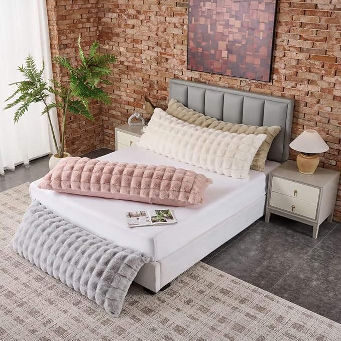 Luxury Shaggy Faux Fur Body Pillow,Fluffy Bed Pillow with Zipper Closure,Soft Decorative Plush Full Long Pillows,Fuzzy Hug Pillow for Home Living Room Side Sleeper & Pregnancy 20"x54" Beige Chocolate