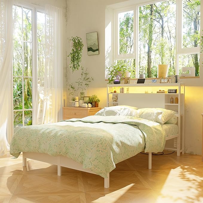 Unikito Full Size Headboard with Storage, Headboards with Outlet and RGB LED Light, Sturdy Head Board for Full Size Bed, Stable Headboard Only for Bedroom, Dorm Room, Guest Room, White