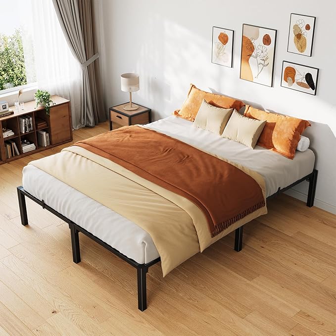 16 Inch Full Metal Bed Frame, Heavy Duty Metal Platform Bed Frame with Reinforced Slats Support, 800 Lbs Load Capacity, Noise Free, No Box Spring Needed and Screws , Tool-Free Assembly Bed Frame