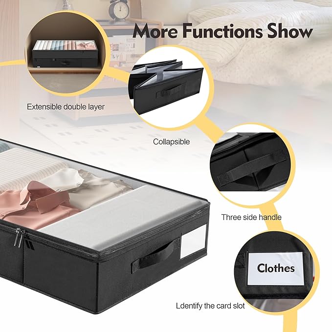 Supowin Large Under Bed Storage Containers, 2-Pack Double Layer Underbed Storage Bins with 3 Handles, 70L Extensible/Closed Clothes Storage Organizer with Sturdy Bottom Sidewalls, Black