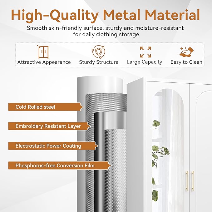 Polup Metal Armoire Wardrobe Closet with Mirror, 71" Tall Steel Clothing Storage Cabinet with Doors, Hanging Rod and Adjustable Shelves, Freestanding Clothes Organizer for Bedroom, Office, White