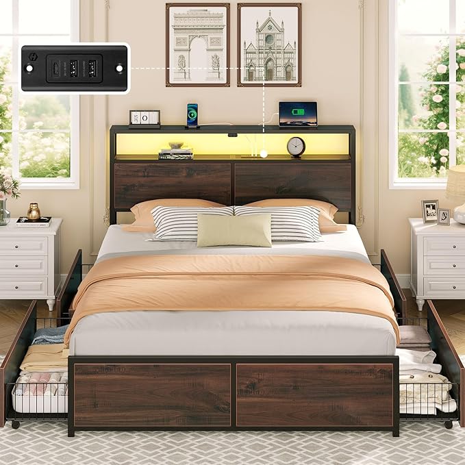 Rolanstar Full Size Bed Frame with 4 Storage Drawers & 2-Tier Storage Headboard, Metal Platform Bed Frame with Charging Station & LED Lights, Noise-Free, No Box Spring Needed, Easy Assembly, Espresso