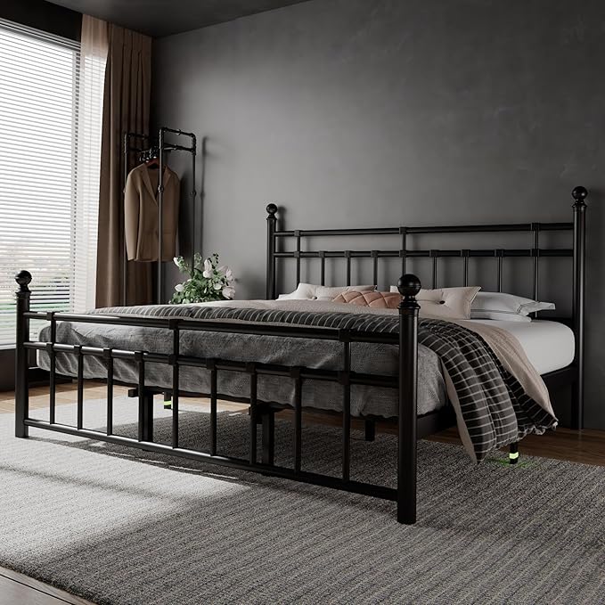 Feonase King Size Metal Platform Bed Frame with Victorian Classic Iron-Art Headboard & Footboard, Steel Slats Support, 12" Under Bed Storage, No Box Spring Needed, Easy Assembly, Noise-Free, Black