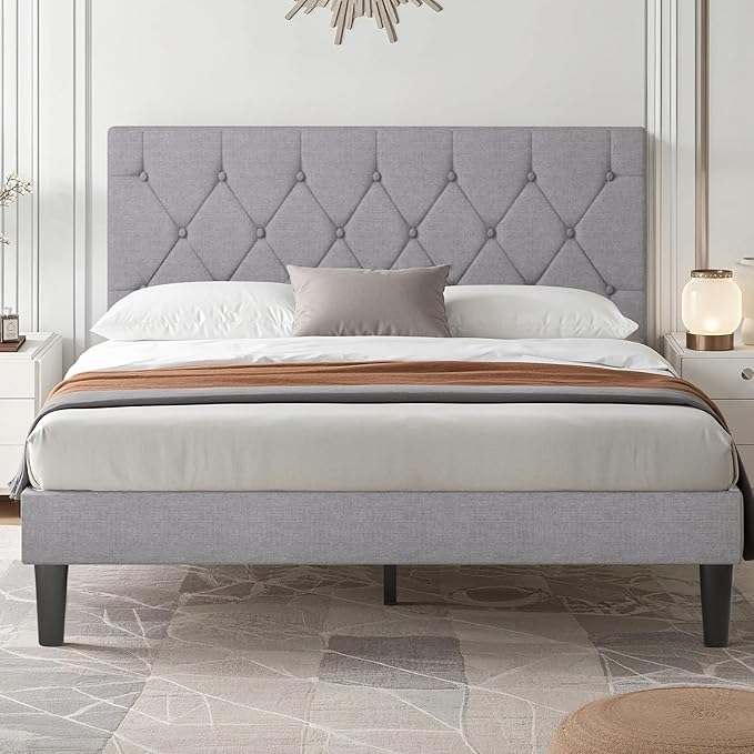 VECELO Full Size Bed Frame with Button Tufted Headboard, Upholstered Platform Bedframe with Wood Slat Support, No Box Spring Needed, Dark Grey