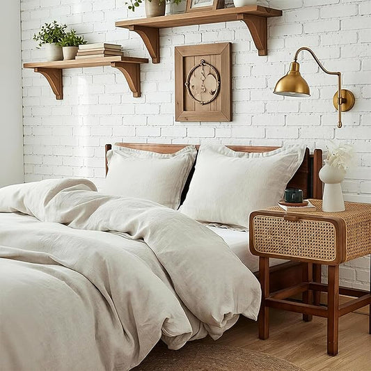 Simple&Opulence 100% Linen Duvet Cover Set 3pcs Basic Style Natural French Washed Flax Solid Color Soft Breathable Farmhouse Bedding with Button Closure - Linen, Full