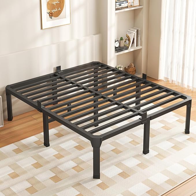 ROIL 18 Inch King Size Bed Frame with Mattress Slide Stopper - Double Black Basic Anti Squeak Steel Slats Metal Platform, Heavy Duty Noise Free Easy Assembly Bedframes, No Box Spring Needed