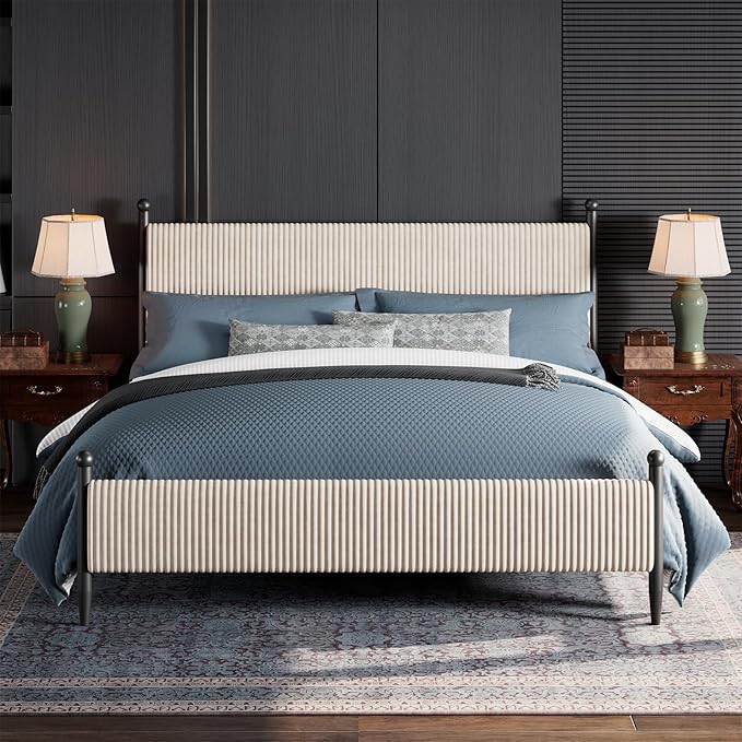 Garvee King Size Upholstered Bed Frame - with Velvet Headboard, Soft Corduroy Fabric Platform with Wooden Slats Support & Heavy Duty Feet, No Box Spring Needed, Noise Free, Easy Assembly, White