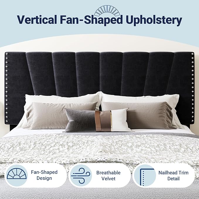 Allewie King Size Bed Frame with Adjustable Velvet Upholstered Headboard, Rivet-Style Nailhead Trim Detail Platform Bed Frame, Wooden Slat Support, No Box Spring Needed, Easy Assembly, Black
