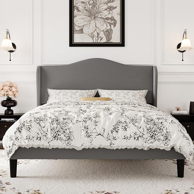 SHA CERLIN Queen Size Velvet Platform Bed Frame with Elegant Wingback Headboard, Modern & Luxurious Design, Sturdy Wooden Slats, No Box Spring Required, Easy Assembly, Noise-Free, Soft Grey