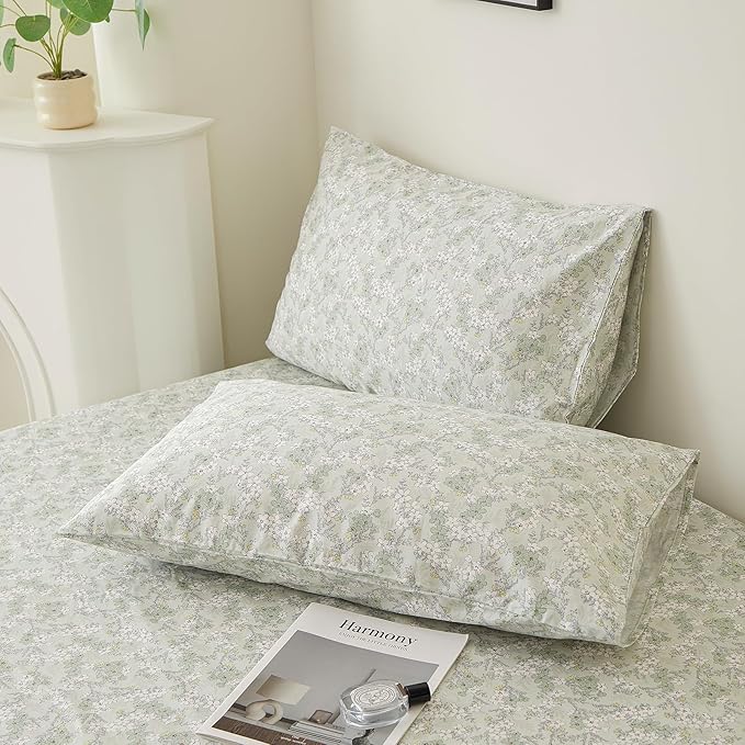 VM VOUGEMARKET Vintage Green Flower Duvet Cover Set Queen Fresh Botanical Bedding Set 100% Cotton Reversible Vintage Comforter Cover with Zipper&Ties
