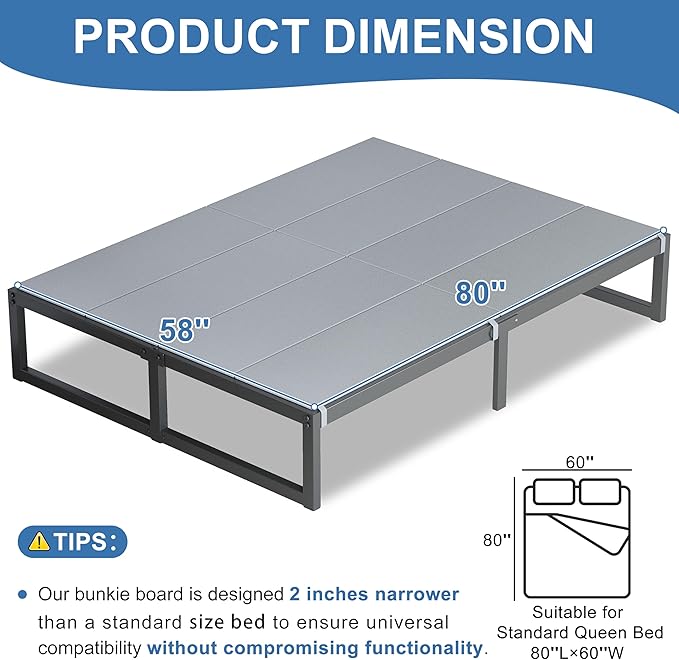 Lutown-Teen Bunkie Board Queen High-Density Polymer Bed Support Bunkie Board Queen Size Anti-Sag, Breathable, Moisture Resistant, Noise Minimizing, Gray