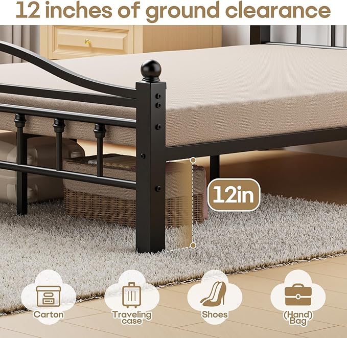 Queen Metal Bed Frame with Headboard, 1500LBS Heavy Duty Queen Bed Frame with Footboard No Box Spring Needed/Noise Free/12'' Under-Bed Storage/Tool-Free Assembly