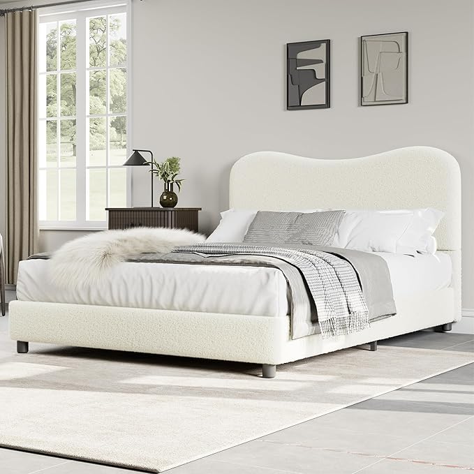 GarveeHome Boucle Full Size Bed Frame with Upholstered Headboard, Soft Low Profile Sturdy Platform Bed with Rounded Corners Design, Heavy Duty, Wooden Slats, Noise Free, No Box Spring Needed, Beige