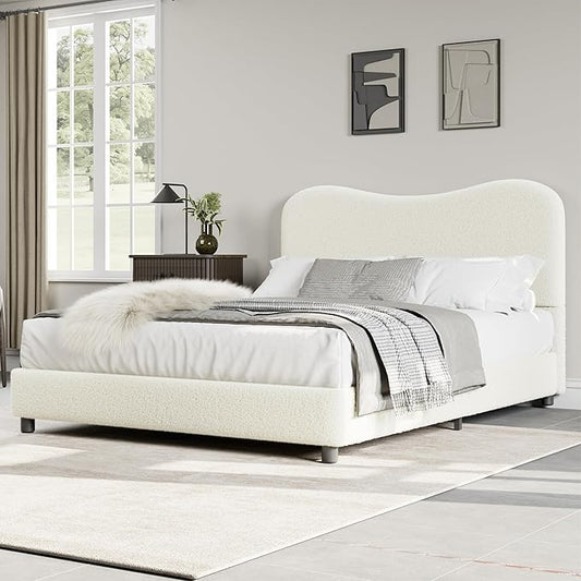 GarveeHome Boucle Full Size Bed Frame with Upholstered Headboard, Soft Low Profile Sturdy Platform Bed with Rounded Corners Design, Heavy Duty, Wooden Slats, Noise Free, No Box Spring Needed, Beige