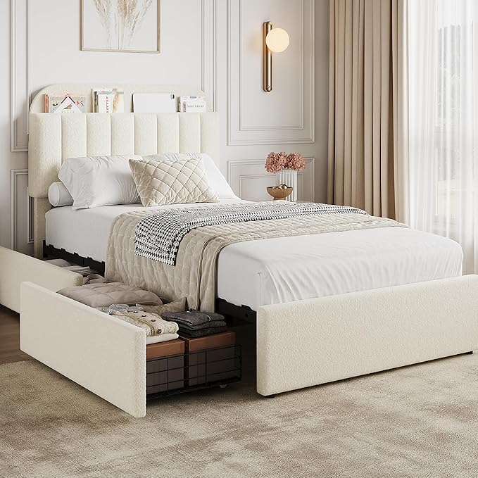 GarveeHome Twin XL Bed Frame with Storage Headboard, Kids Bed Frame with 2 Drawers, Boucle Upholstered Platform Bed with Bookcase, No Box Spring Needed, Easy Assembly, Ivory White