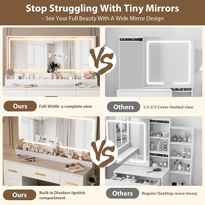 Garvee Vanity Desk with Large Mirror and Lights, 45.9 in Makeup Vanity Desk, 3 Lighting Modes Adjustable Brightness, Vanity Table with Power Outlet & 8 Drawers, for Powder Room and Bedroom