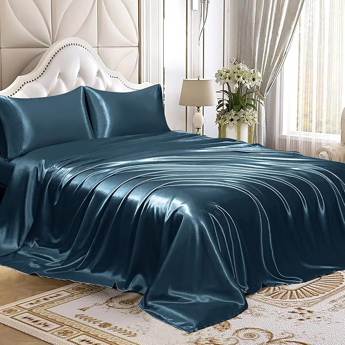Homiest 4pcs Satin Sheets Set Luxury Silky Satin Bedding Set with Deep Pocket, 1 Fitted Sheet + 1 Flat Sheet + 2 Pillowcases (Cal King Size, Deep Sea Blue)