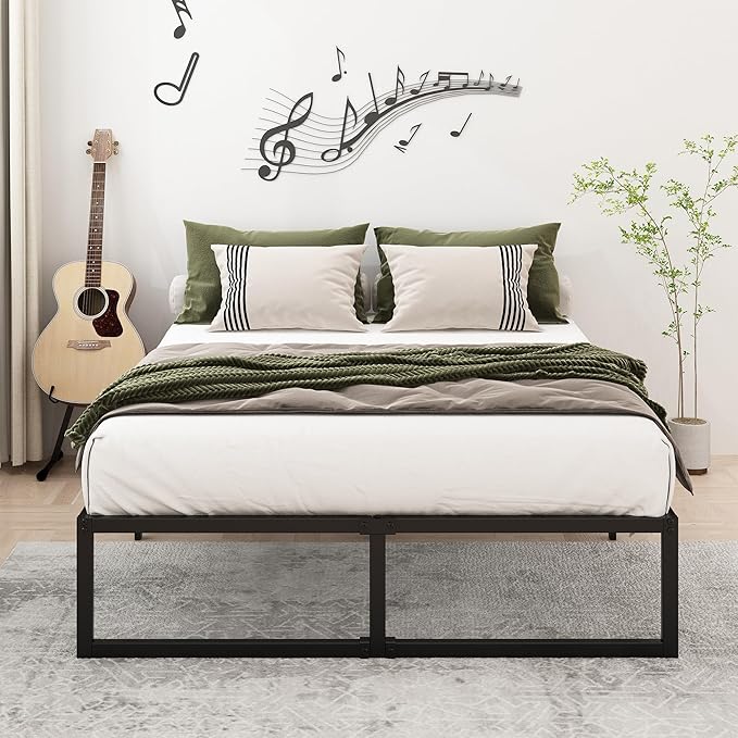 Lutown-Teen 16 Inch Full Size Bed Frame No Box Spring Needed, Heavy Duty Metal Platform Beds with Sturdy Steal Slats for Mattress Foundation, Easy Assembly, Noise Free, Black