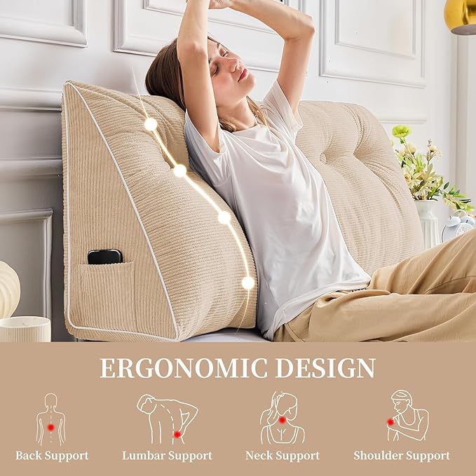 Sasttie Headboard Pillow Queen, Wedge Pillow Headboard for Sitting Up in Bed, Back-Rest Support Triangular Cushion for Reading - Features Removable Washable Cover, Beige