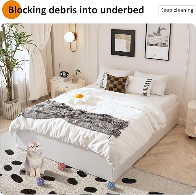 Maenizi 14 Inch King Size Bed Frame with White Fabric Cover, Heavy Duty King Platform Bed Frame Support Up to 3000 lbs, No Box Spring Needed, Easy Assembly, Noise Free, Black