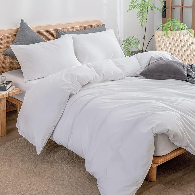BESTOUCH Duvet Cover Set 100% Washed Cotton Linen Feel Super Soft Comfortable Chic Lightweight 3 PCs Home Bedding Set Solid Bright White Oversized King
