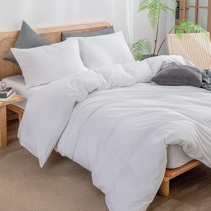 BESTOUCH Duvet Cover Set 100% Washed Cotton Linen Feel Super Soft Comfortable Chic Lightweight 3 PCs Home Bedding Set Solid Bright White Super King Plus