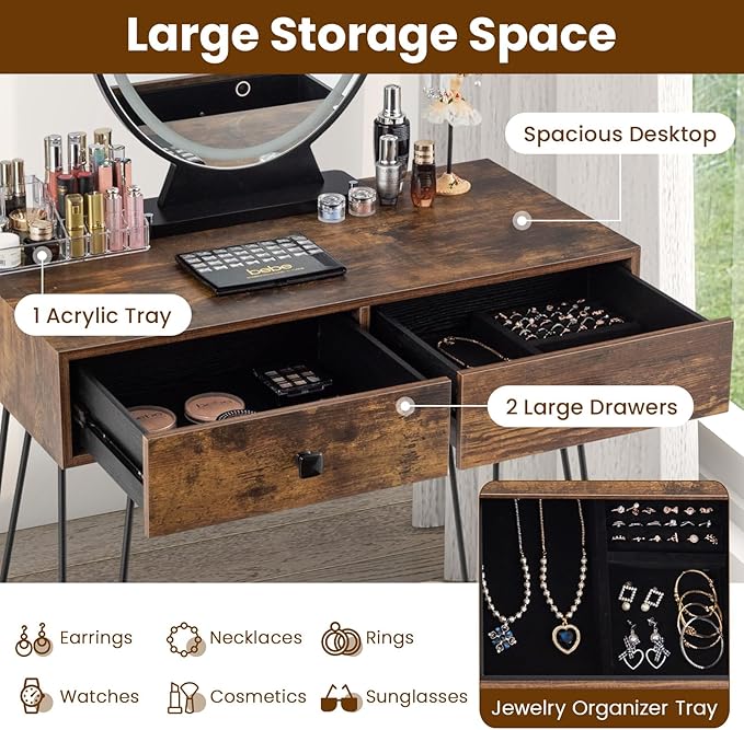 COSTWAY Vanity Desk with Mirror and Lights, Makeup Dressing Table Set w/ 3 Color Lighting Modes & Adjustable Brightness, Vanity Mirror with Desk and Stool for Bedroom Small Spaces (Rustic Brown)