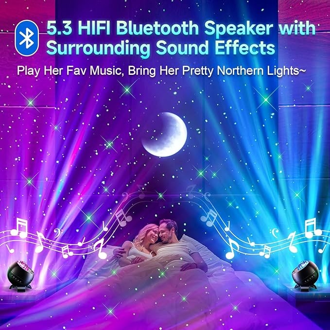 Portable Bluetooth Speaker with Hi-Fi Stereo Sound, Sleek Black Wireless Speaker with Aurora Light Projector & 15 Nature Sounds, Outdoor Speaker Bluetooth for Home, Gaming Setup, Party, Yoga (Black)