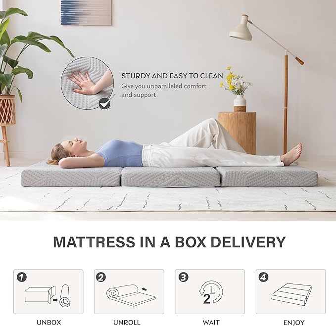 MLILY Tri-Fold Memory Foam Mattress, 6 inch Twin Folding Mattress with Collapsible and Washable Cover, Travel and Guest Mat, 78"×38"×6", Grey