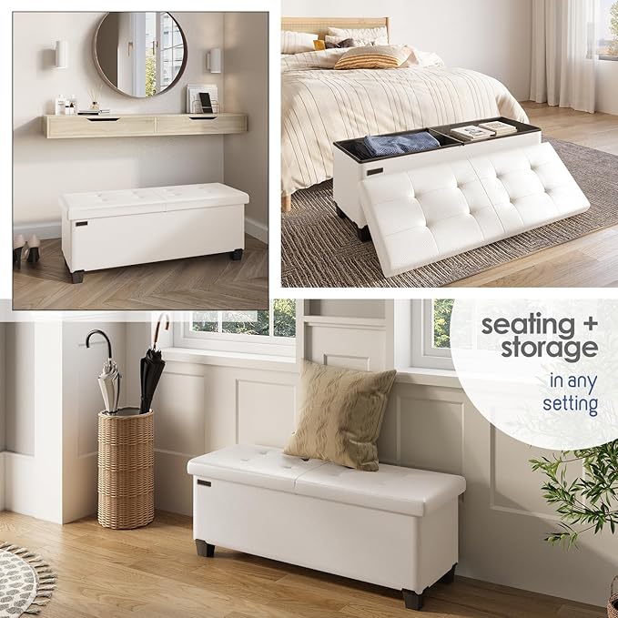 Storage Ottoman Bench with Bins, 43-in Storage Bench for Bedroom End of Bed, Folding Foot Rest Ottoman for Living Room Max 660lbs, Faux Leather Ottomans, Cream
