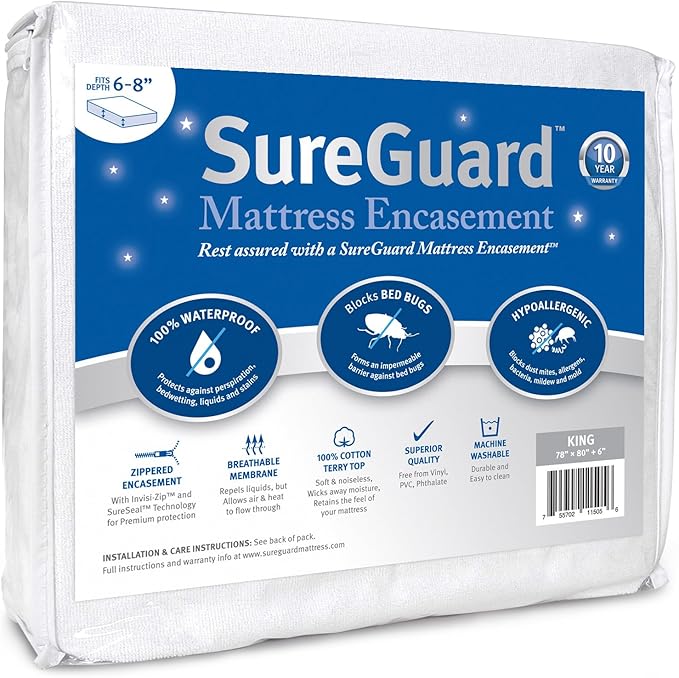 King (6-8 in. Deep) SureGuard Mattress Encasement - 100% Waterproof, Bed Bug Proof, Hypoallergenic - Premium Zippered Six-Sided Cover
