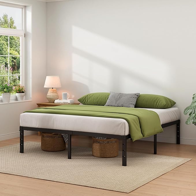 NEW JETO Metal Bed Frame,King Size Bed Frame with Storage Space,Heavy Duty Sturdy Mattress Foundation,Easy Assembly,No Box Spring Needed, Black,14 Inch,King, Bedroom Furniture