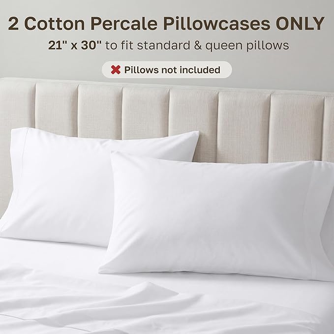 California Design Den Standard/Queen Pillow Cases Set of 2-100% Egyptian Cotton, Crisp Percale Feel, Soft & Breathable Standard/Queen Size Pillow Cases - White