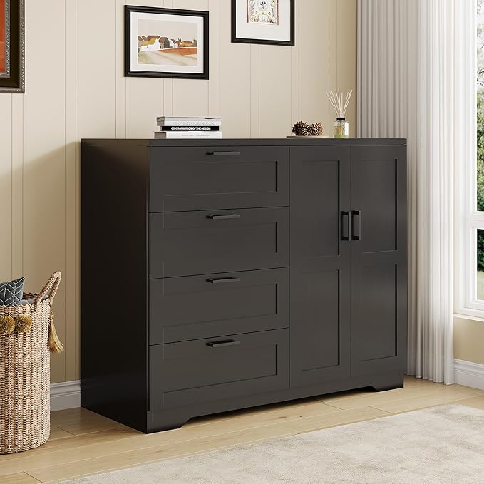 GarveeHome Multifunctional Wooden Dresser for Bedroom, 43.3 in H 2 Door Wardrobe Armoire Closet with 4 Drawers and Hanging Rod, Low Storage Cabinet for Hanging Cloth, Black