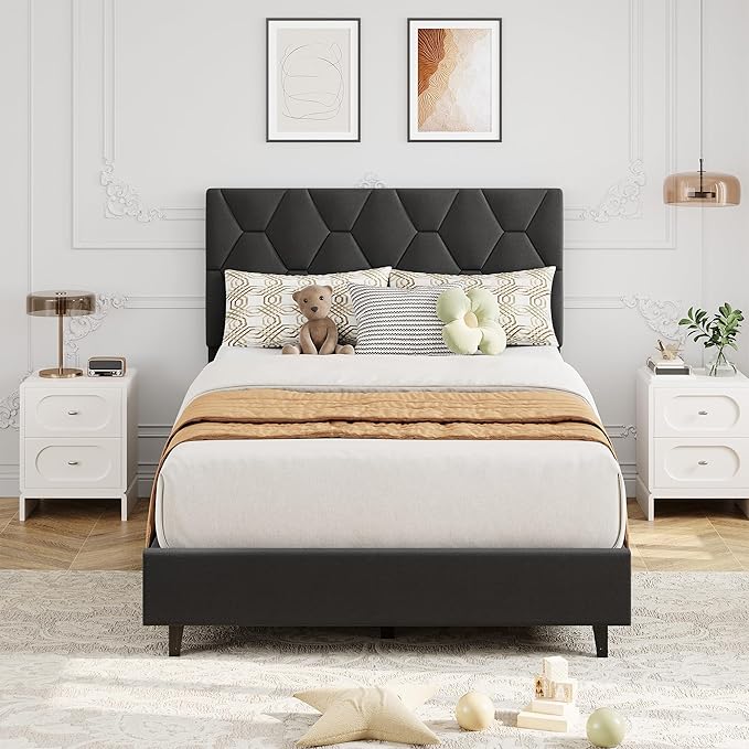GarveeHome Twin Size Platform Bed Frame with Upholstered Headboard and Wooden Slats Support, Upholstered Mattress Foundation/No Box Spring Needed/Easy Assembly, Gray