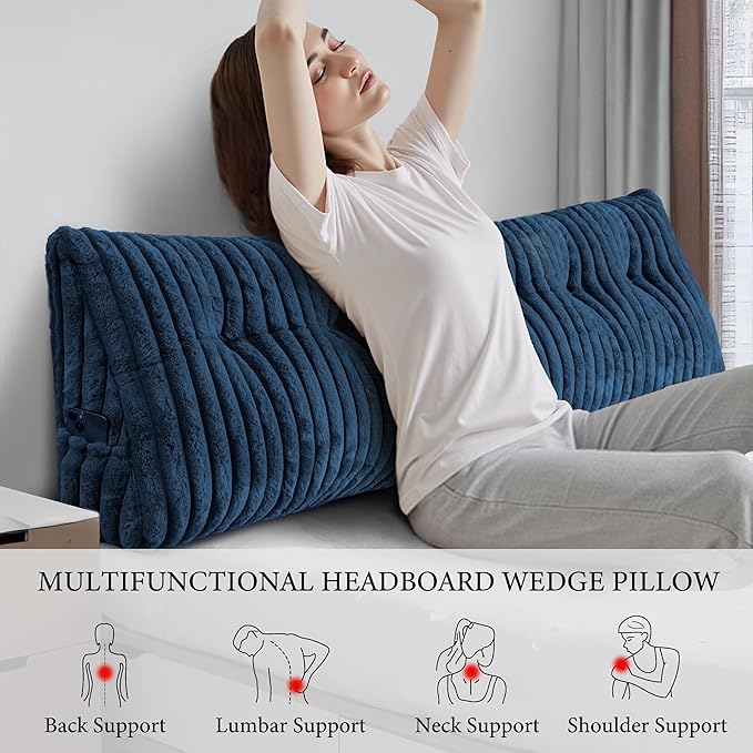 Headboard Pillow King, Triangular Wedge Pillow Headboard King, Cushion Headboards Reading Pillows, Backrest Pillows for Sitting in Bed or Working with Removable Cover, Blue