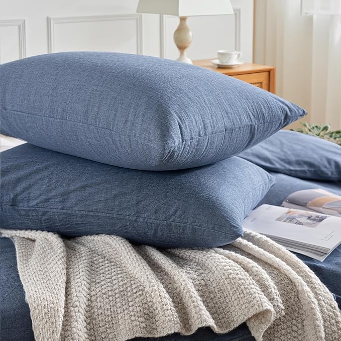NEXHOME PRO Duvet Cover Full 100% Washed Cotton, Heathered Blue Breathable, Durable, Textured, Linen Like, Home Bedding Set 80"x90"
