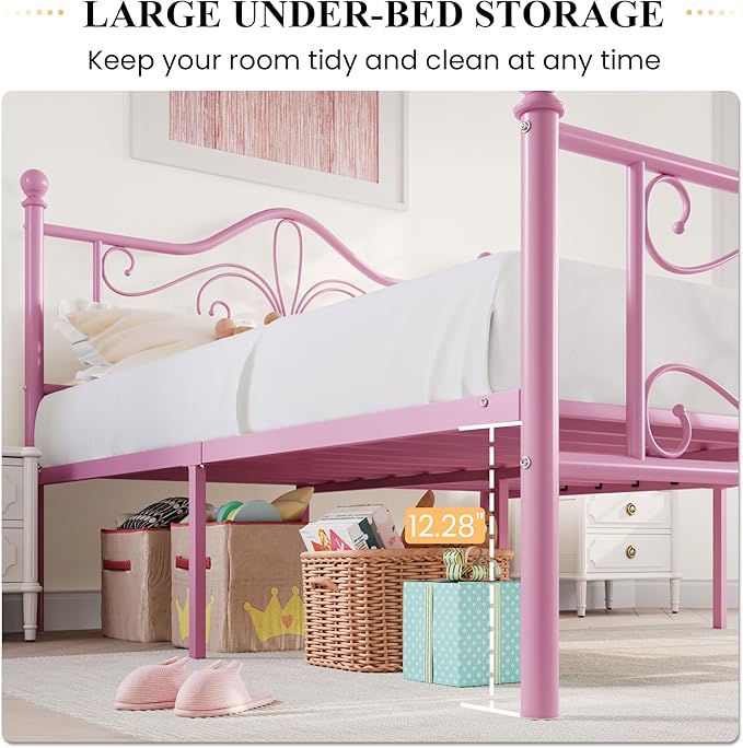 SHA CERLIN Queen Size Bed Frame for Kids,Metal Bed Frame with Butterfly Pattern Design Headboard and Footboard,No Box Spring Needed,Easy Assembly,Pink