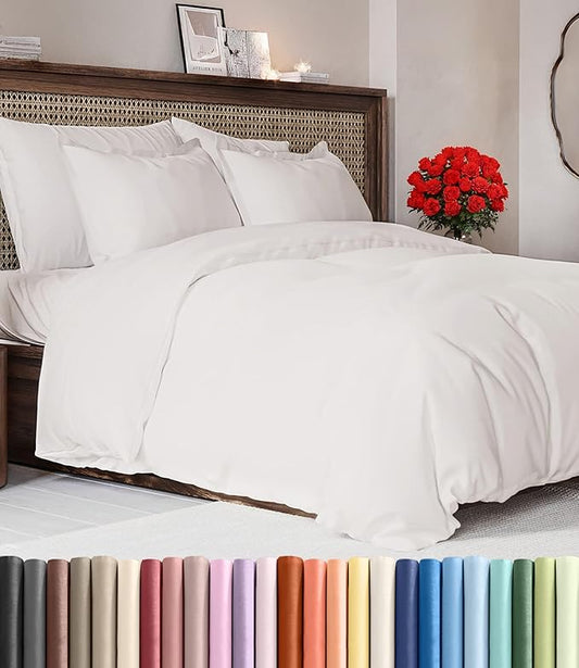 Duvet Cover Super Queen Size Set - Extra Soft Super Queen Duvet Cover with 2 Pillow Shams - Hotel Luxury, Easy Care & Fade Free w/ Zipper Closures & Ties - Comfy, Cozy & Breathable (Antique White)