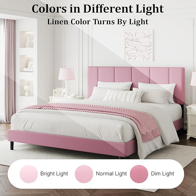 Queen Bed Frame, Padded Platform Bed Frame with Velvet Headboard, Vertical Quilted Design, Sturdy Slatted Mattress Base, No Spring Mattress Required, Easy to Assemble, Pink