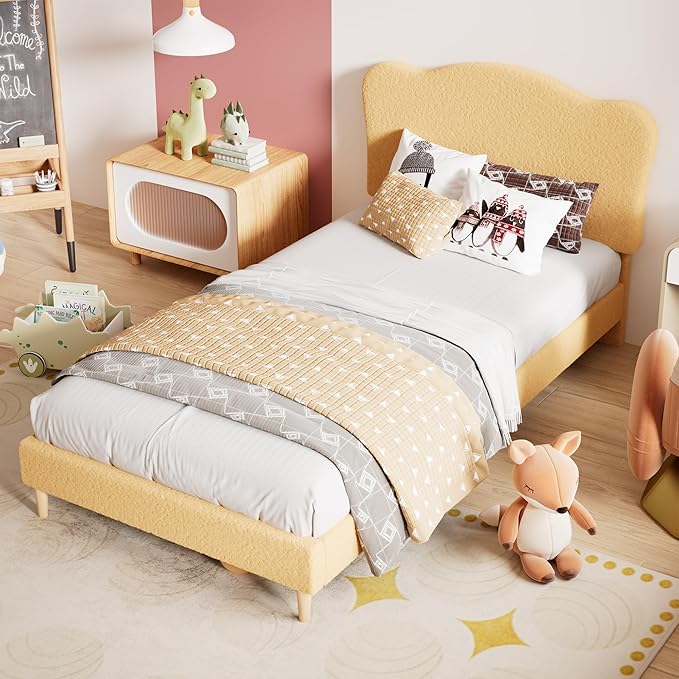 GarveeHome Upholstered Full Size Bed Frame for Kids with Scallop Headboard, Cute Velvet Full Bed for Girls, Boys, Sturdy Platform Bed, No Box Spring Needed, Wooden Slats, Noise Free, Yellow