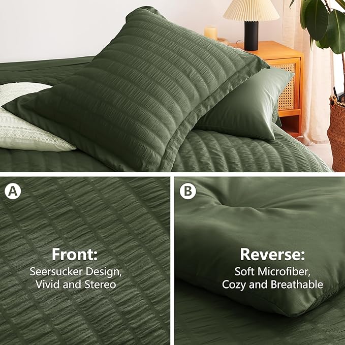 CozyLux Oversized Queen Comforter Set Olive Green Seersucker 7 Pieces 98x98 Bed in a Bag Comforter Set with Sheets, Luxury Soft Bedding Set with Down Alternative Comforter, Sheets, Pillowcases & Shams
