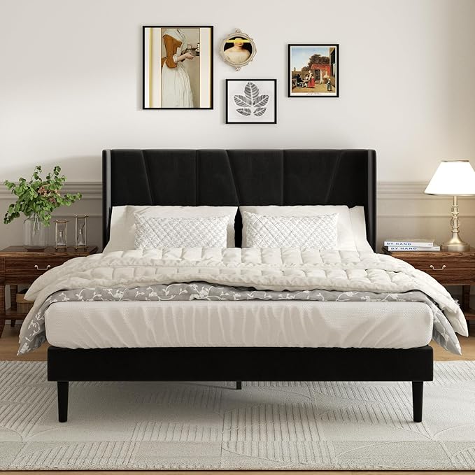 Sismplly Full Bed Frame with Headboard, Velvet Upholstered Full Size Platform Bed with Wingback, Mattress Foundation with Wooden Slat Support, No Box Spring Needed, Easy Assembly, Noise Free, Black