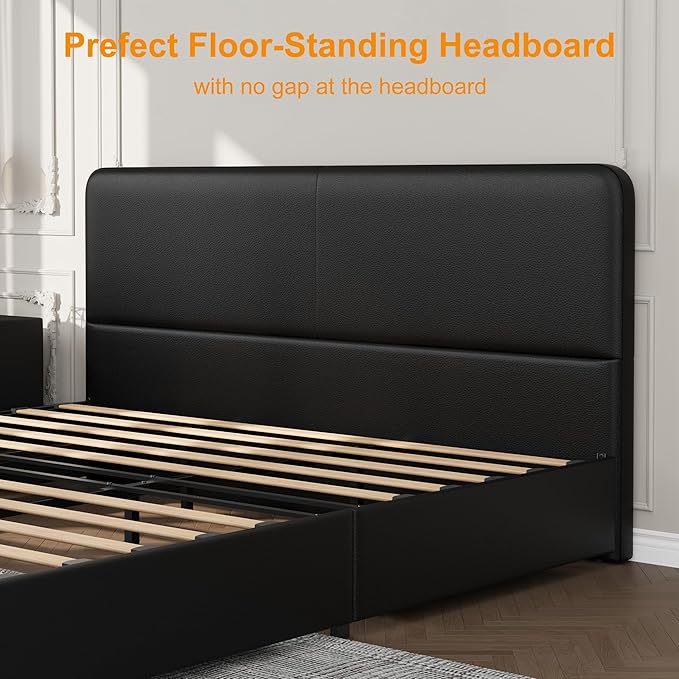GarveeHome Modern Upholstered Platform Bed Frame with Headboard and Storage Drawers – PU Black Leather, Strong Wood Slat Support, No Box Spring Needed, Easy Assembly, Noise-Free – Full Size, PU Black