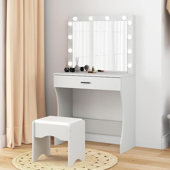 Vanity Desk with Mirror and Adjustable Lights, One Drawer Storage Makeup Table with Stool - Vanity Set for Bedroom (White)