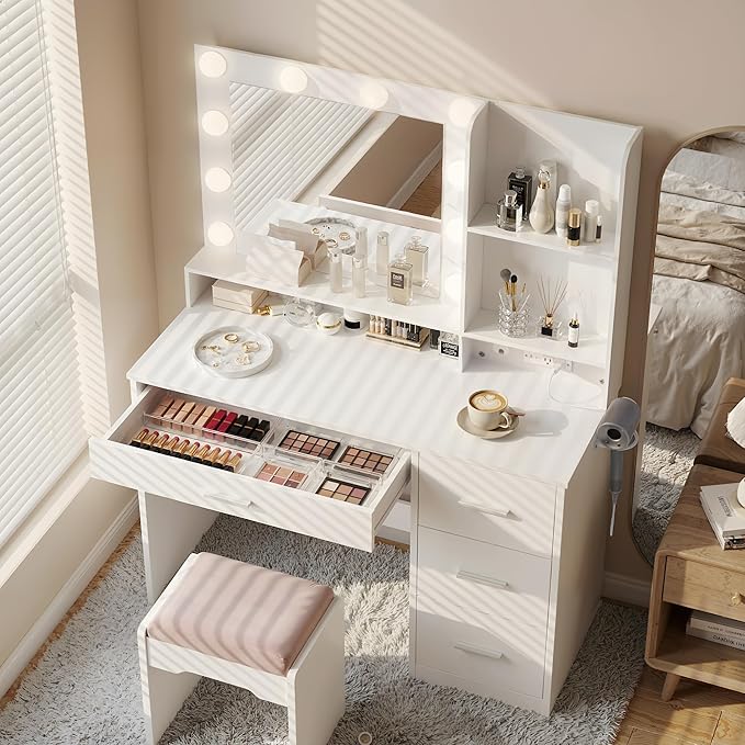 YESHOMY 39" Vanity Desk with Mirror & Lights, Makeup Vanity Table with Power Outlet & Storage Drawers, 3 Color LED Lighting, Dressing Table for Bedroom, White