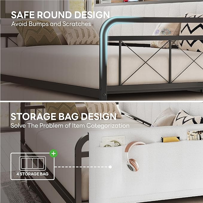 LIKIMIO Twin Daybed, Day Bed with Trundle, Storage Boucle Upholstered Headboard and Charging Station, Trundle Bed with Strong Supports for Living Room, Bedroom, and Guest Room, Cream
