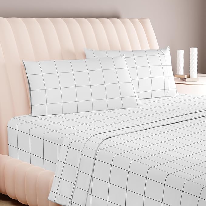 Carressa Linen 100% Egyptian Cotton Queen Sheet Set - 600 Series Hydrangeas Printed Egyptian Cotton Queen Sheets Set (4 PC, White Chex), 16" Deep Pocket Sateen Weave Luxury Hotel Bed Sheet